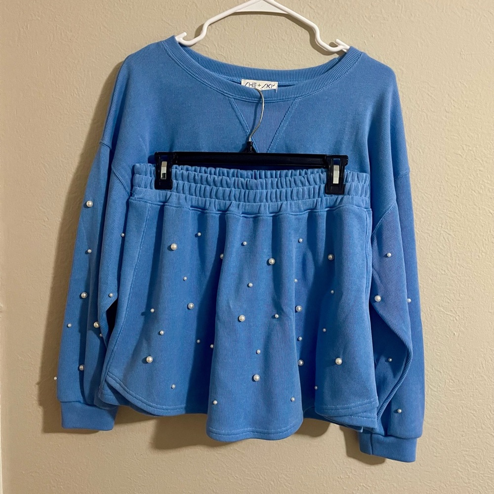 She + Sky Blue Pearl-Embellished Skort Set